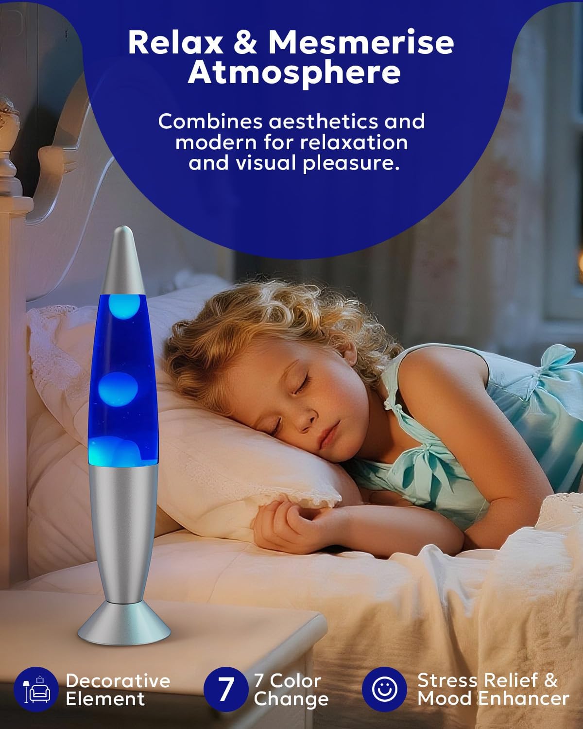 AONESY Lámpara de lava de 7 colores que cambian automáticamente: Lámpara de lava de 34 cm pequeña con cera blanca y líquido blanco | Lámparas de lava azul/rojo/verde | Lámpara de purpurina regalo de