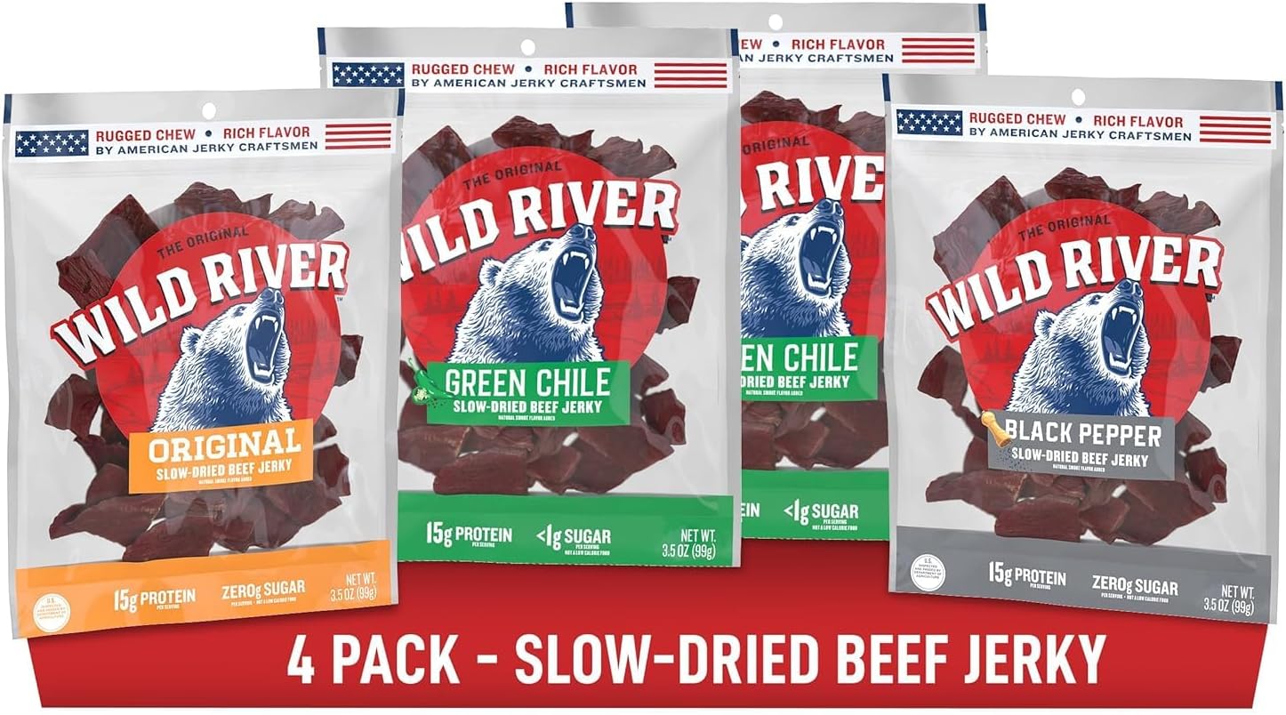 Beef Jerky Variety Pack - (4 Pack) 3.5 oz Bags - Old-Fashioned, Slow-Dried Jerky - Ready to Eat Real Meat Protein Snacks - 15g Protein per Serving - Made with 100% Real Beef