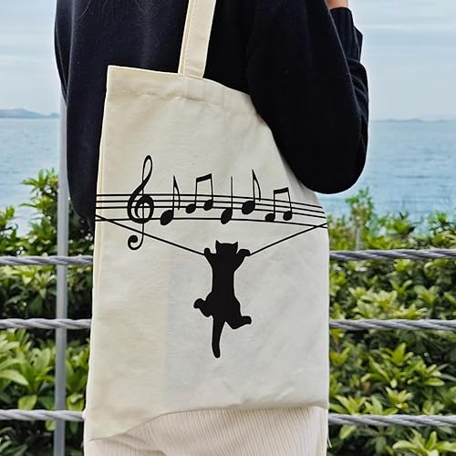Miniatura 4 de Dlzdn Bolsa de lona con diseño de gato negro para mujer, estética, divertida, linda y divertida para jugar con música, nota musical, bolsa de
