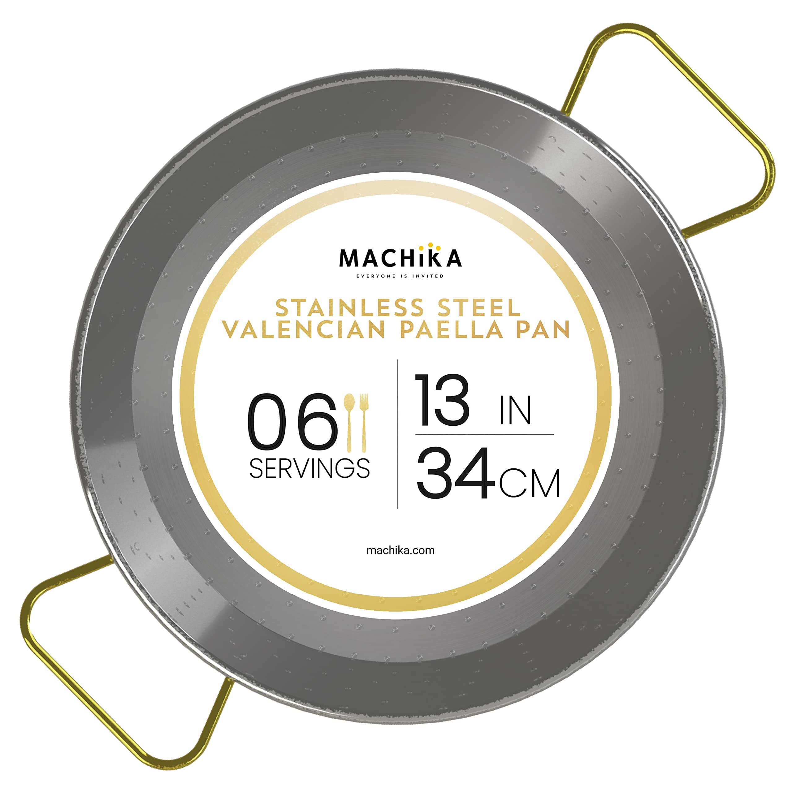 Machika Paellera de acero inoxidable de 13 pulgadas, sartén grande de acero inoxidable de 34 cm de España, ideal para fiestas de paella en interiores, exteriores, camping y más, Paellera española