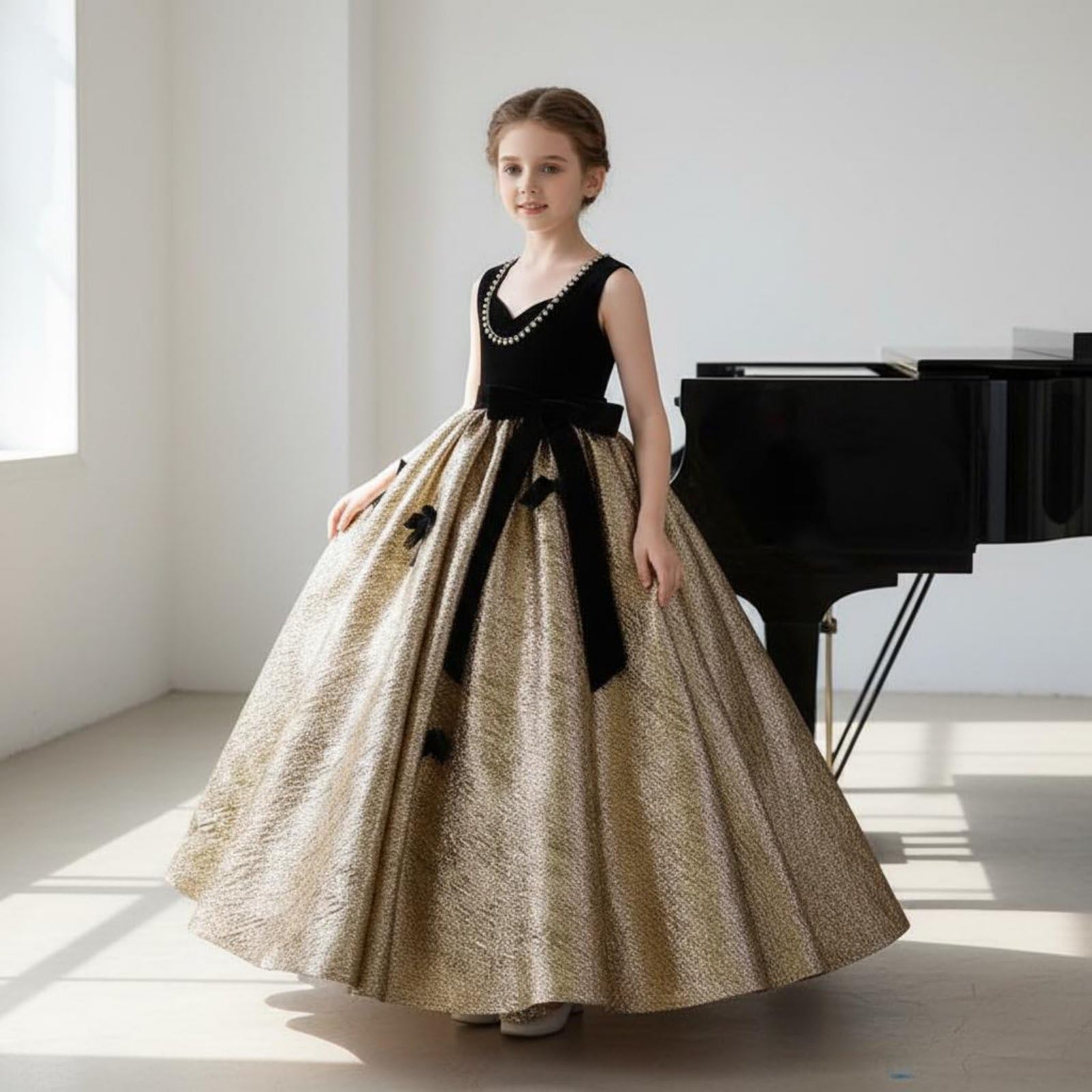 Abito Bambina Abito Cerimonia Vestito Festa Abito Principessa Abito Spettacolo con Linea Ball Gown Gonna Luminosa Nastri in Velluto Collo Decorato con