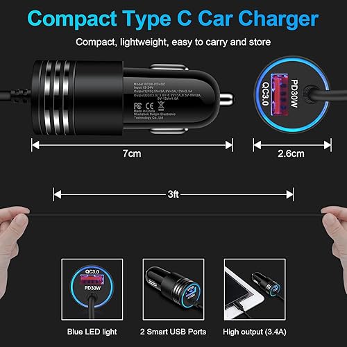 Miniatura 5 de Cargador de Coche Súper Rápido de 48W USB C Adaptador de Coche Rápido Android con Cable de Carga Rápida Tipo C de 30W Integrado para Samsung Galaxy
