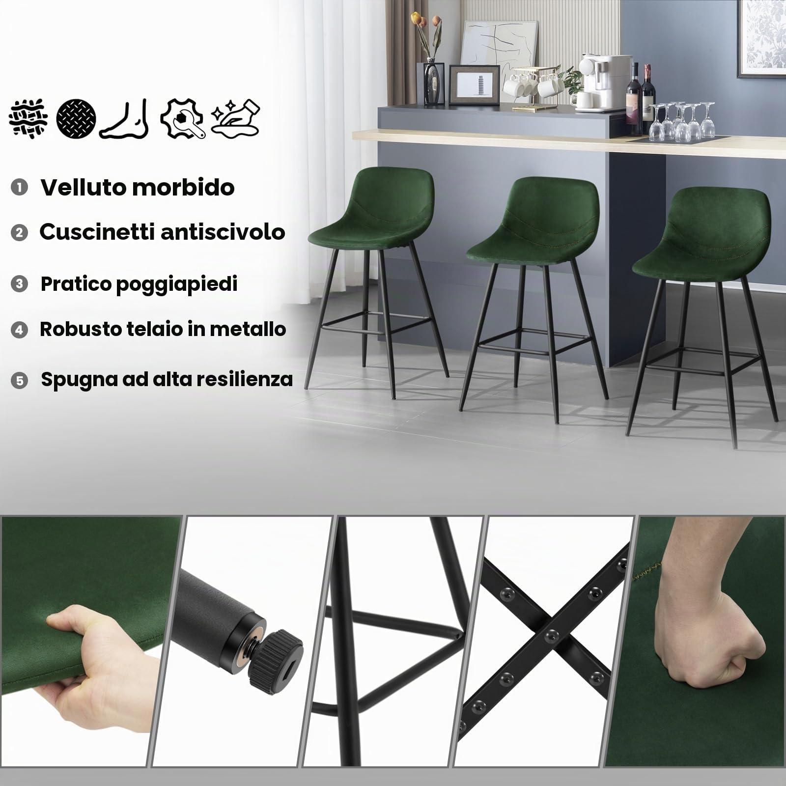 EUGAD Sgabelli Alto Set di 2, con Schienale, Velluto, Verde Scuro