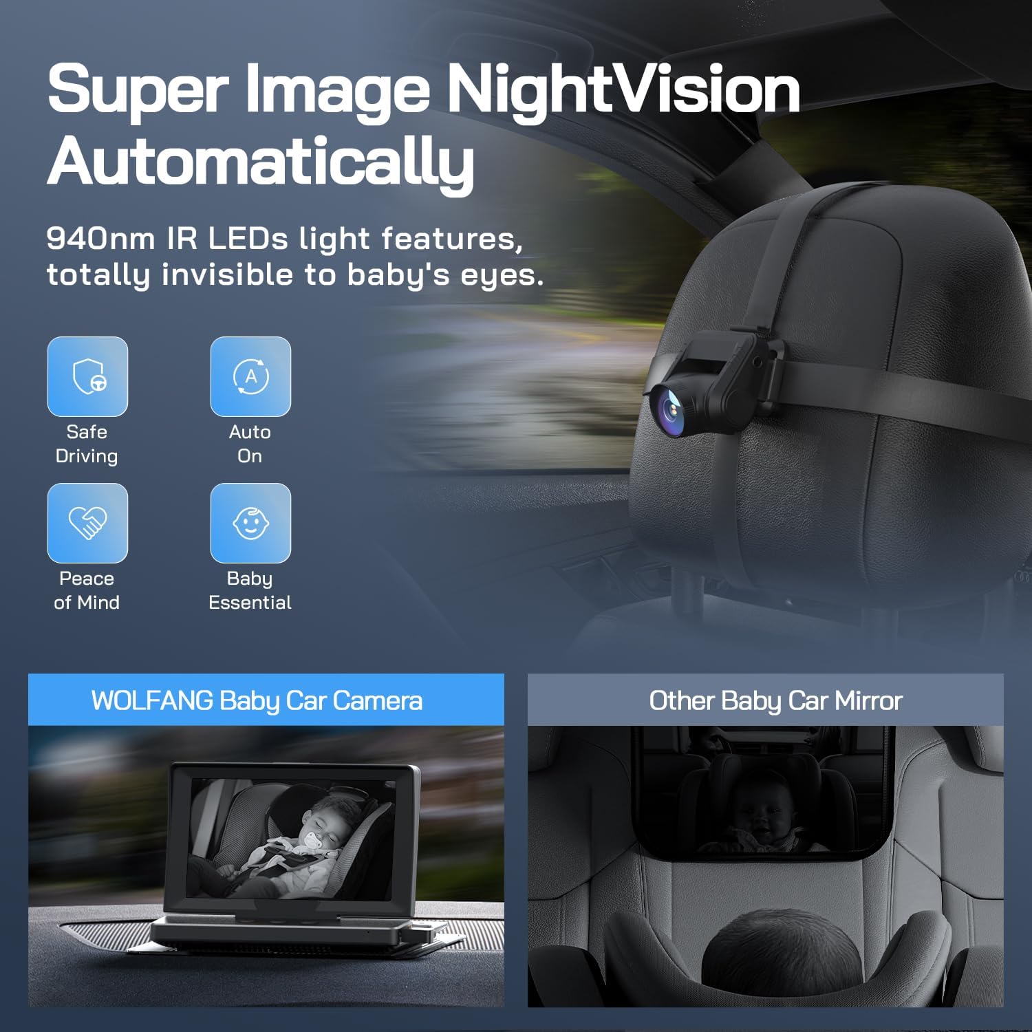 Baby car camera mounted on headrest