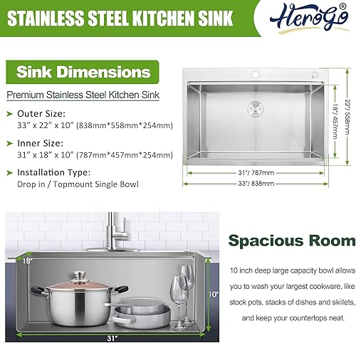 Miniatura 2 de Herogo Fregadero de cocina de un solo cuenco de 33 x 22 pulgadas con grifo de cocina, fregadero de acero inoxidable calibre 1810 16, montaje