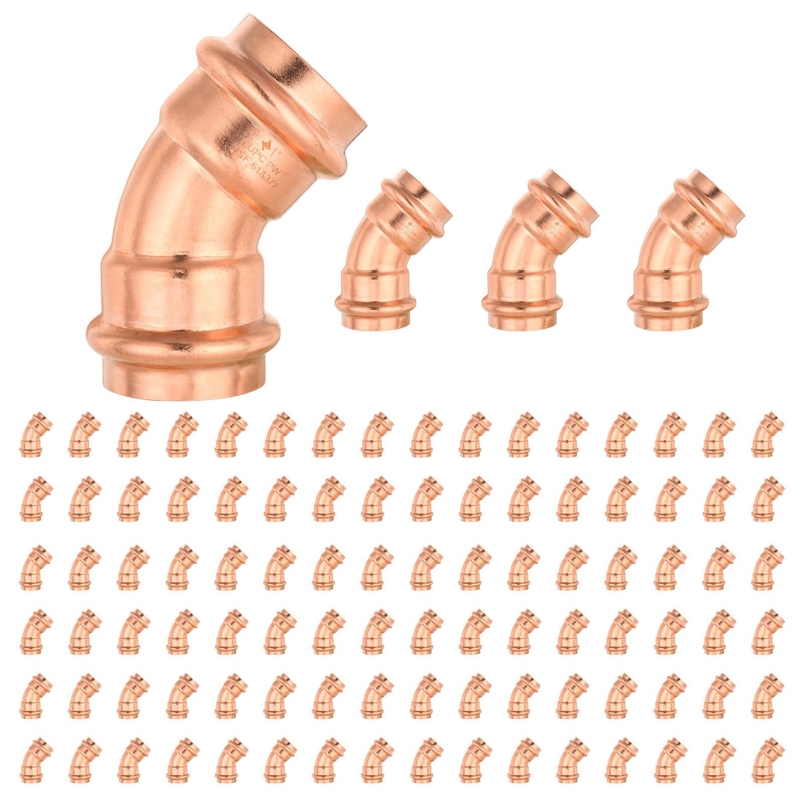 Paquete de 100 Codos de presión de Cobre GUOFIS, Codo de presión de 45 Grados de 1 Pulgada P x P para tuberías de Agua.