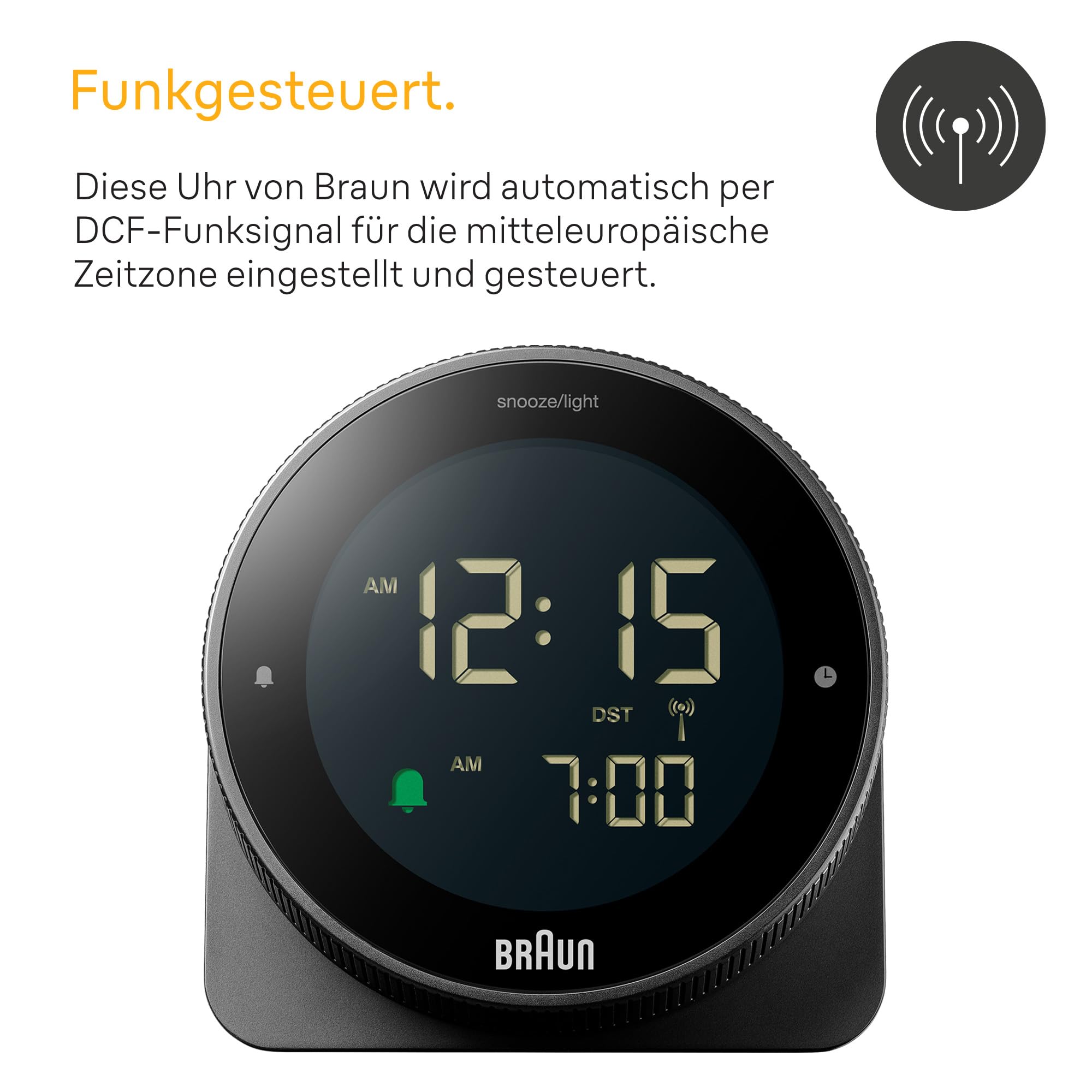 Braun digitaler Funkwecker für die mitteleuropäische Zeitzone (DCF) mit Schlummerfunktion, umgekehrtem LCD-Display, drehbarer Lünette für schnelle Zeiteinstellung, Schwarz, BC24B-DCF