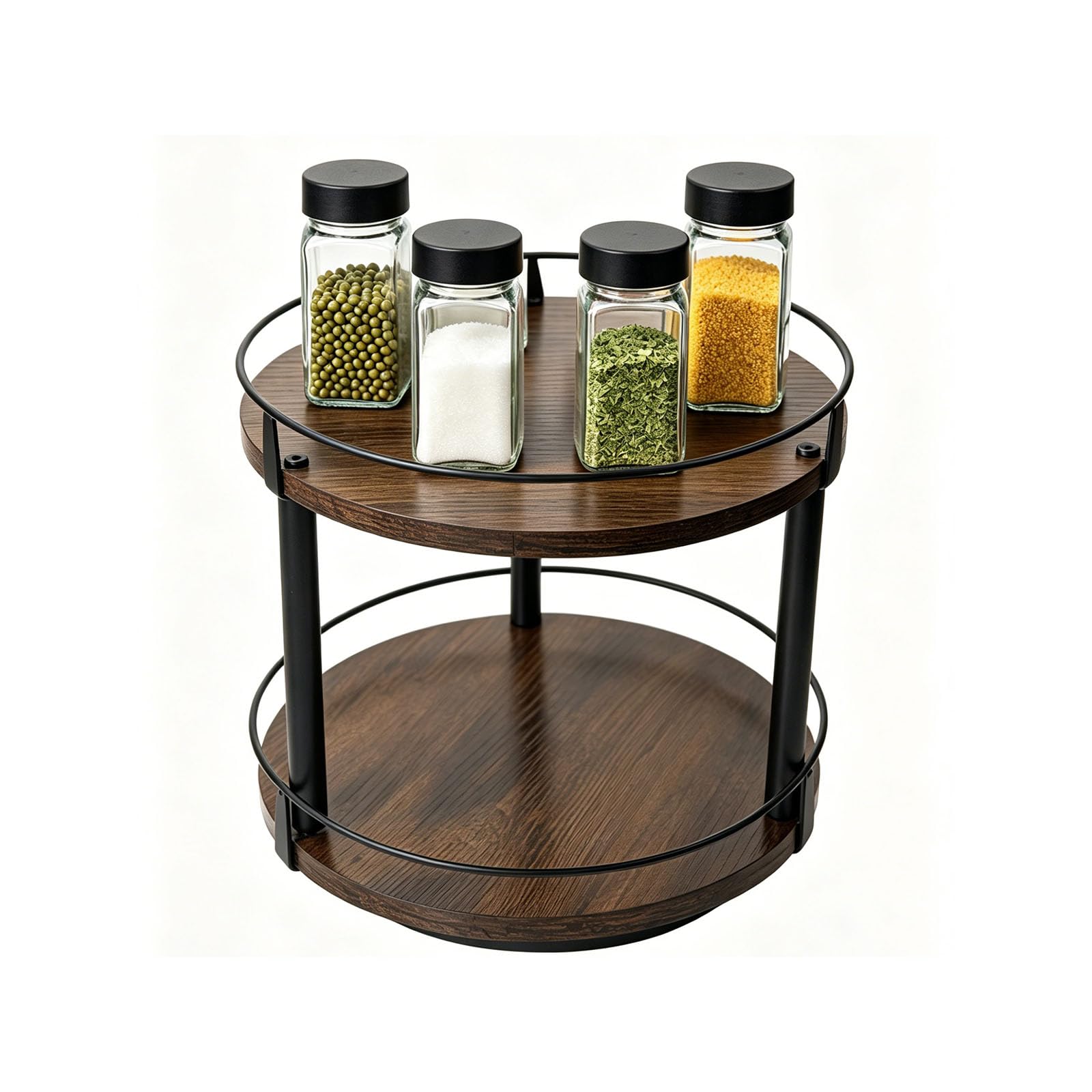Étagère à épices rotative à deux niveaux en bois, avec 4 pots à épices, plateau tournant rond, pour plan de travail de cuisine, couleur marron vintage, diamètre 26 cm