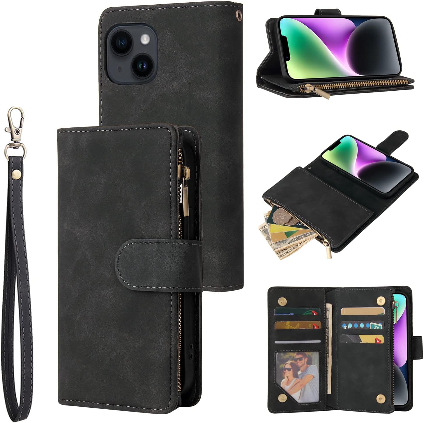 QLTYPRI Case for iPhone 14, Large Capacity Leather Wallet Case 6 Card Holder & 1 Zipper Pocket Kickstand Wrist Strap Magnetic Case for iPhone 14 - Black
