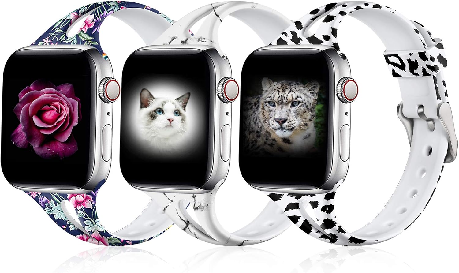 Easuny Leopard Band Compatible for Apple Watch 40mm Series 6/5 4 for Women ,Thin Soft Leopard Band 38mm for Apple Watch SE, iWatch Series 3 2 1 S/M, 3pack(Black Leopard/White Marble/Peony)
