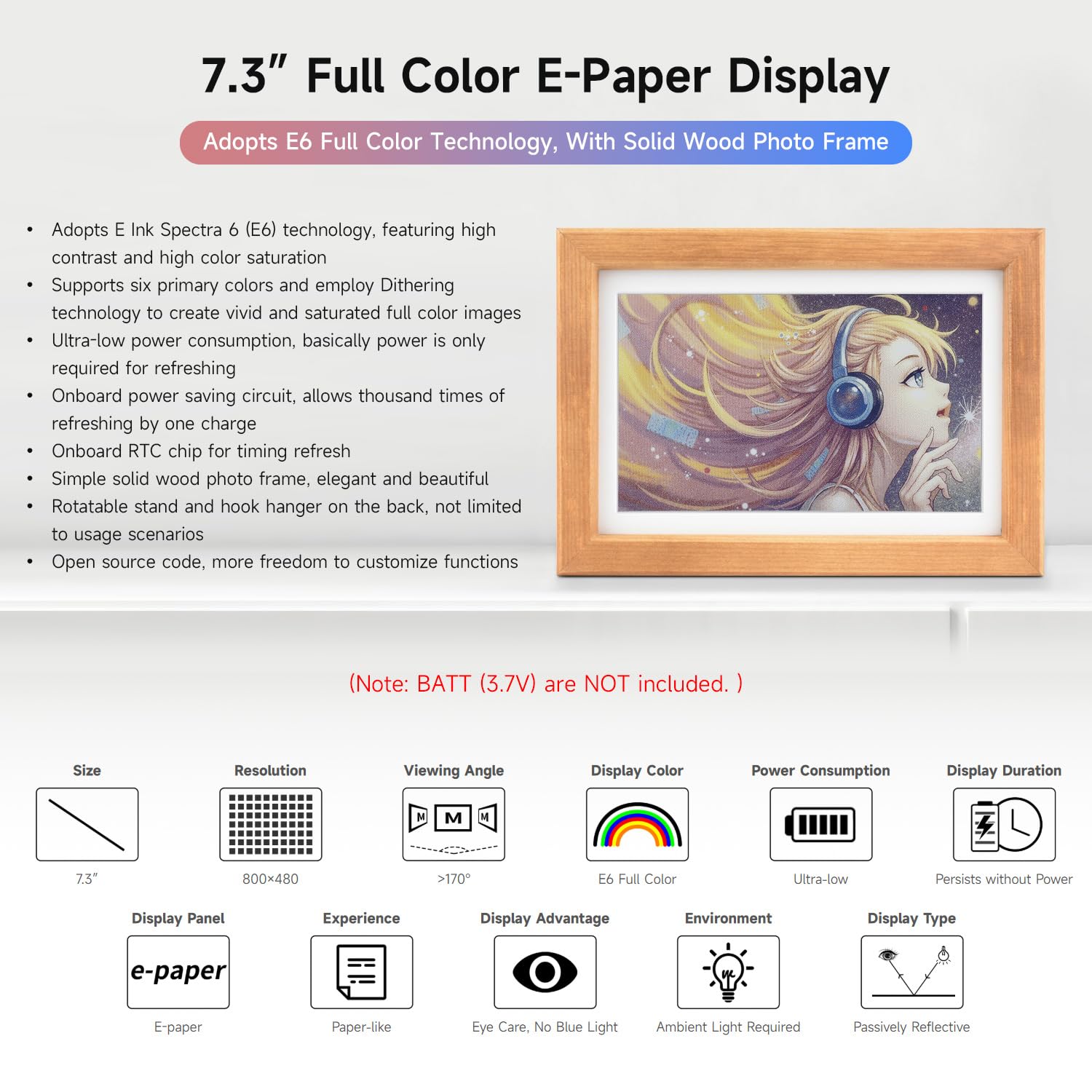 Waveshare 7.3inch E6 Full Color E-Paper with Solid Wood Photo Frame, Ultra-Long Standby, 800 x 480 Resolution(Batt NOT Included)