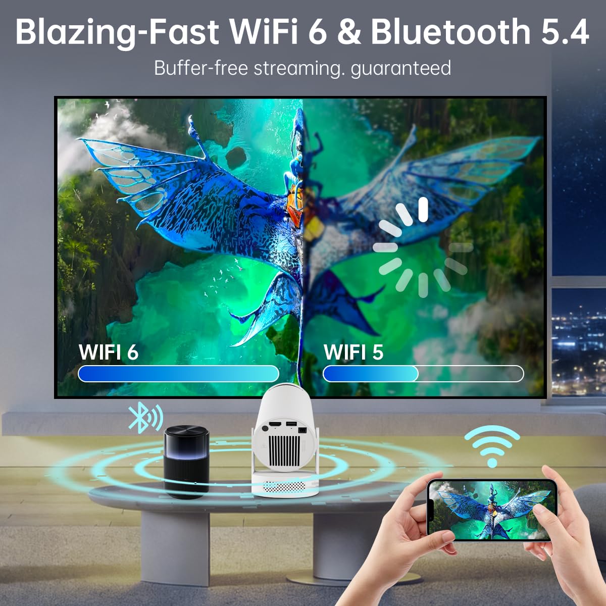【Built-in Apps】Mini Projector with Wifi and Bluetooth, Support 4K, Portable Projector, 5W Sound Base Speaker, 200 ANSI, Android, Auto Vertical Keystone 210° Rotatable Proyector — view 6