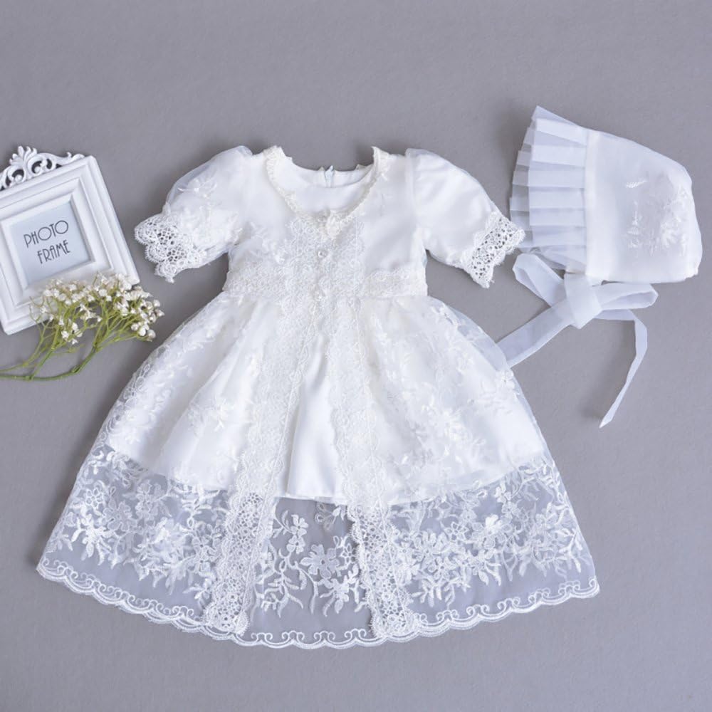 Baby Girls 3Pcs Organza Lace-Overlay Christening Gown Baptism Dress with Bonnet