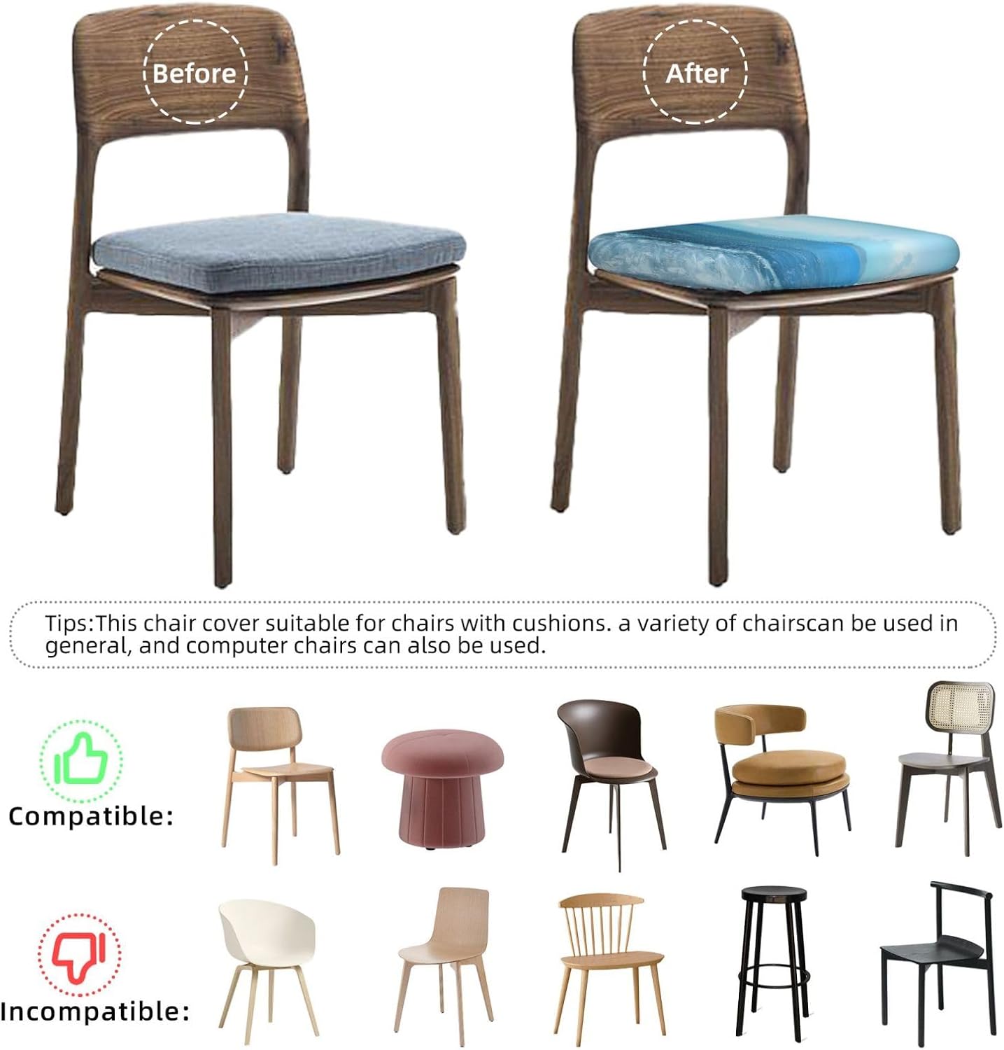 The Sea Print Square Cushion Covers 6 Pcs Set Elastic Non-Slip Seat Cushion Slipcovers Pet Furniture Protectors for Chair, Sofa