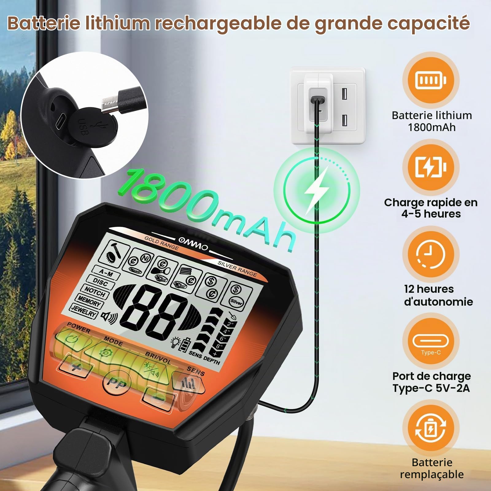 OMMO Détecteur de Métaux Professionnel pour Adultes, Orange | Rechargeable USB, 6 Modes, Haute Précision, IP68 Bobine Étanche avec Pelle