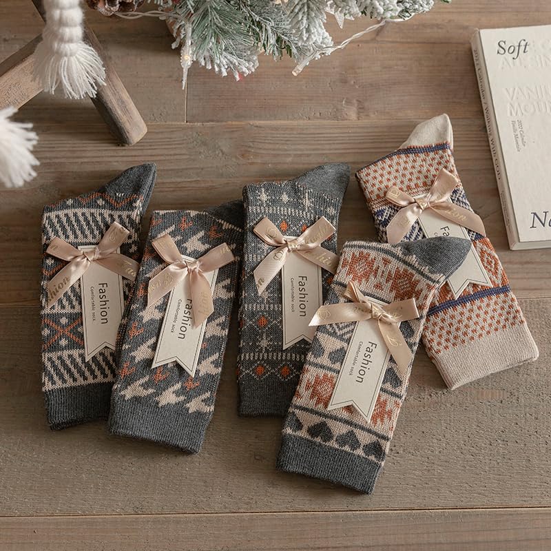 Women’s Fair Isle Crew Socks, 5 Pairs – Thick Cozy Cotton-Blend, Soft & Warm Gift Socks for Women print patterned floral 6-82