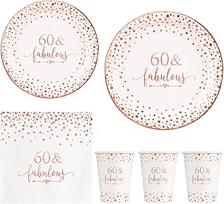 Crisky Rose Gold Foil 60 Fabulous Napkins Plates Cups Set for Women 60th Birthday Party Decorations Supplies, Disposable Tableware Set of 24 (9" Plates, 7" Plates, Luncheon Napkins, 9oz Cups)