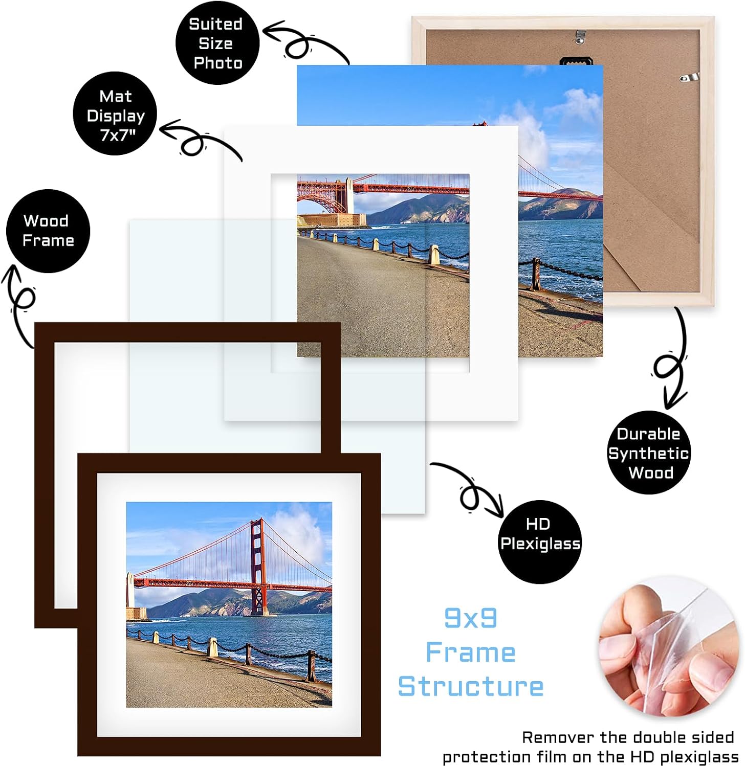 9x9 inch Wood Picture Frame for Wall Hanging or Tabletop Square Photo Frames with 1 Mats Display 7x7 inch for Baby Scan,Poster,Walls Decoration,Anniversary,Wedding,Christmas,Diamond Painting(Brown) image 3