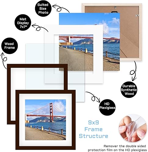 Vista 123 de Marco de fotos de madera de 9 x 9 pulgadas para colgar en la pared o en la mesa, marcos de fotos cuadrados con 1 paspartú de 7 x 7 pulgadas