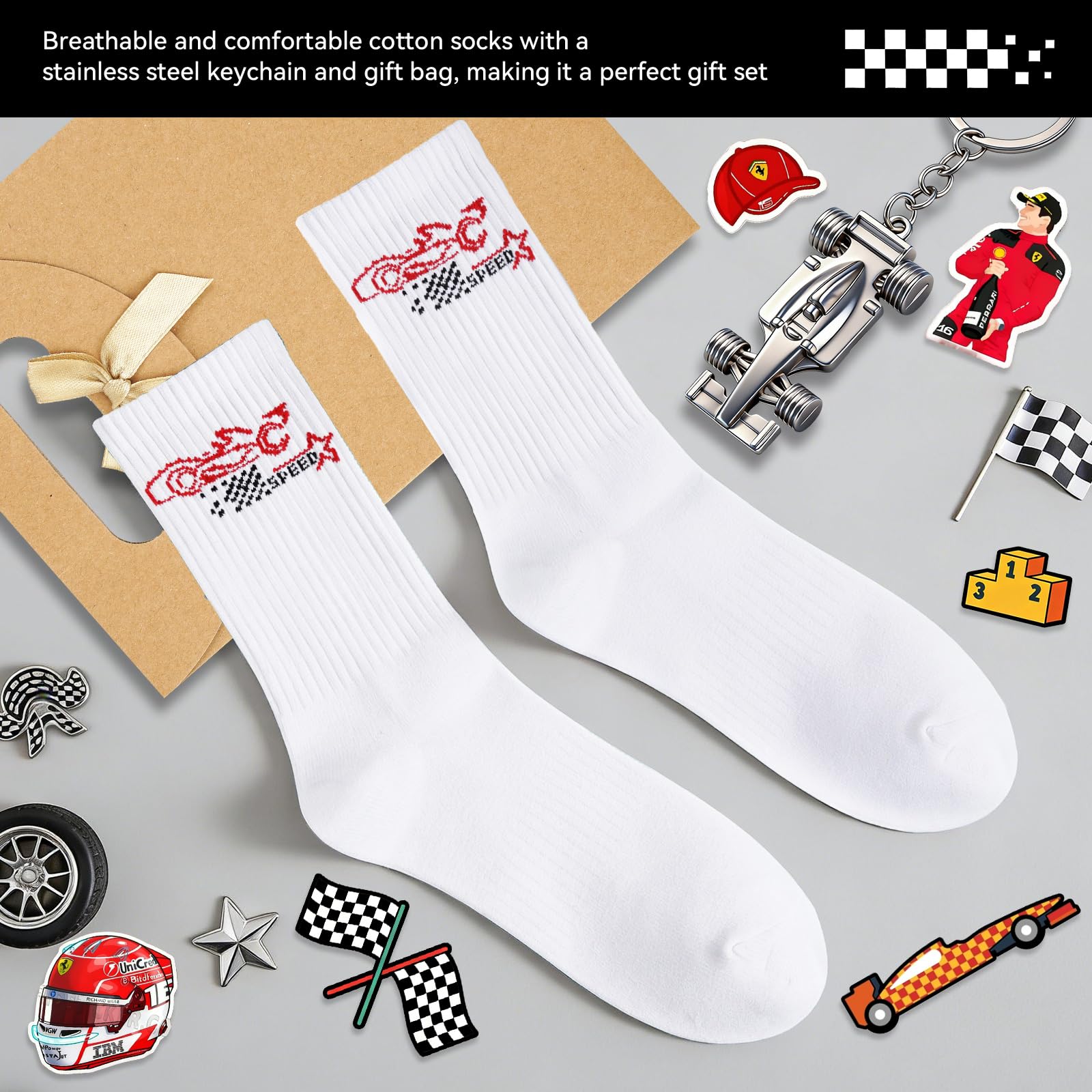 Leikedun Regalo di compleanno per gli appassionati di auto da corsa F1, calzini con ricamo f1 auto da corsa con portachiavi, regalo per la formula 1 amante