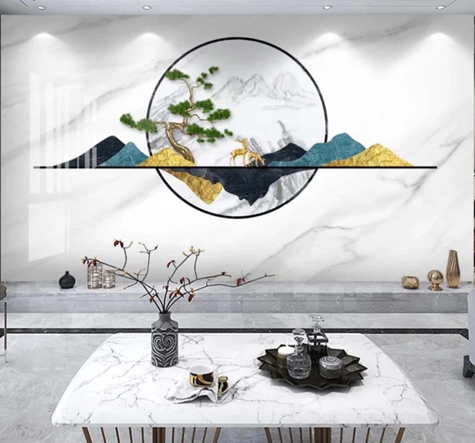 XLMING Minimalist Landscape Trees Reindeer Marble Effect 3D Wallpaper Luxury Home Dining Decor Paste Sofa Living Room The Wall for Bedroom Mural-350cm×256cm