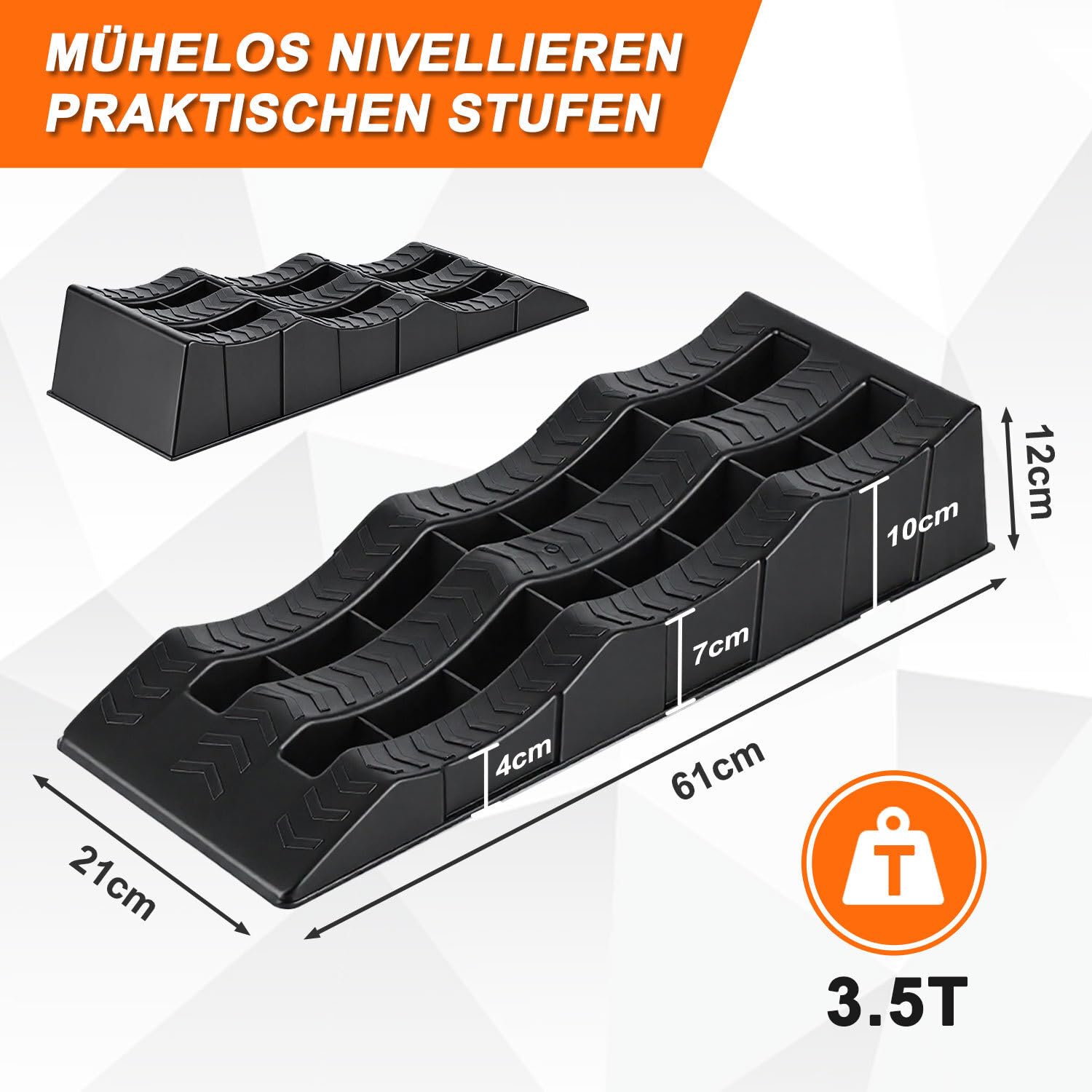 Auffahrkeile für Wohnmobil 2 x 2er Set, 3 Stufen 40/70/100 mm, bis 3,5 t belastbar, inkl. Tragetasche, Rutschfeste Auffahrkeile für Wohnwagen, Camper & Anhänger - 4