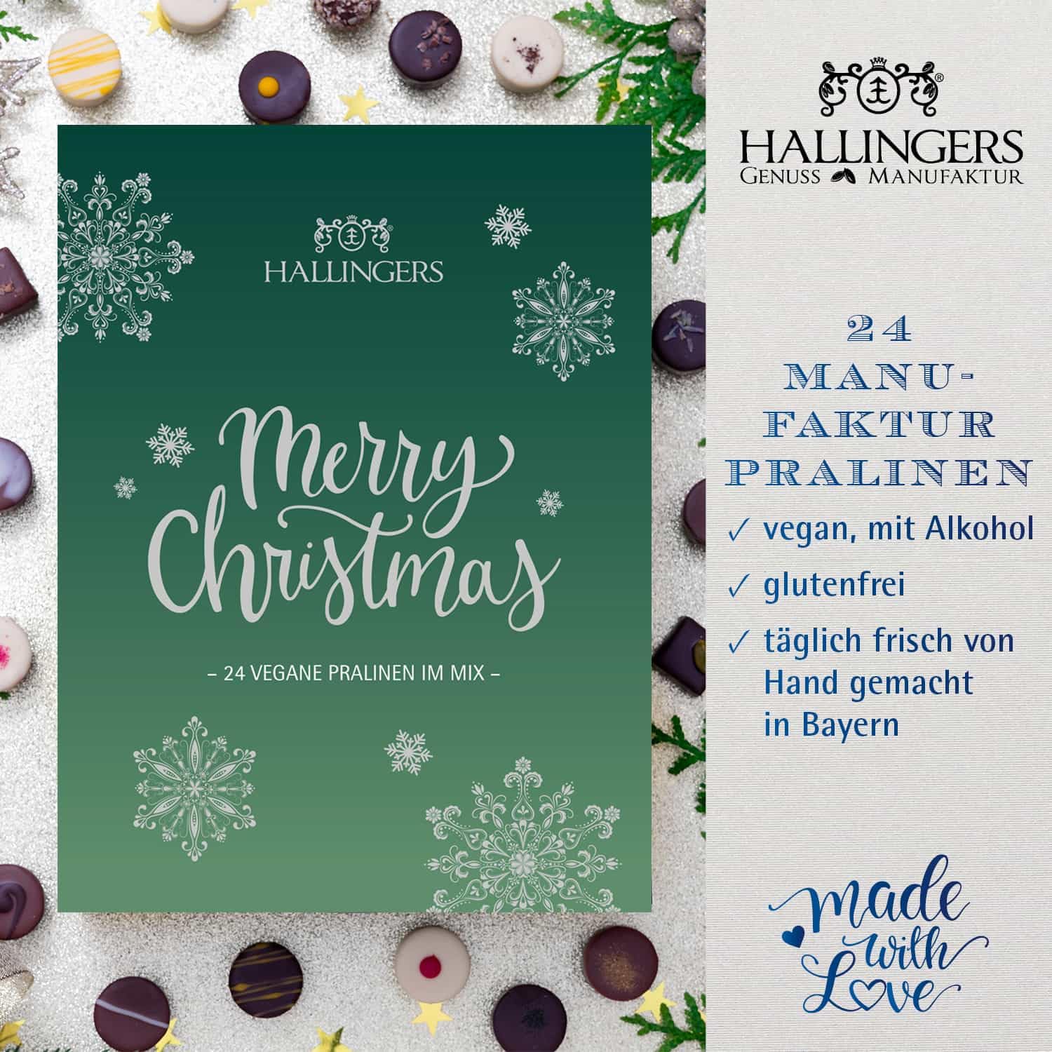 Hallingers Genuss Manufaktur Vegane Pralinen Adventskalender - mit & ohne Alkohol, handmade aus Confiserie-Edelkakao in wertigem Softfeel-Karton "Weihnachtsstimmung", Weihnachtskalender für Frauen