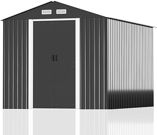 HOGYME Cobertizo grande de almacenamiento para exteriores de 8 x 10 pies, cobertizos de jardín altos de metal para bicicleta, cortacésped, bote de