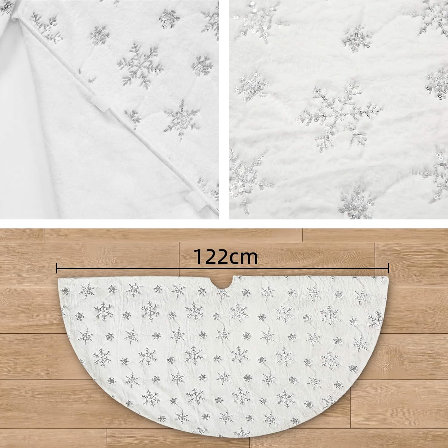 122cm Fur Christmas Tree Skirt with Silver Snowflakes - Fluffy, Dense, and Extra Thick Holiday Decoration for Festive Tree Base