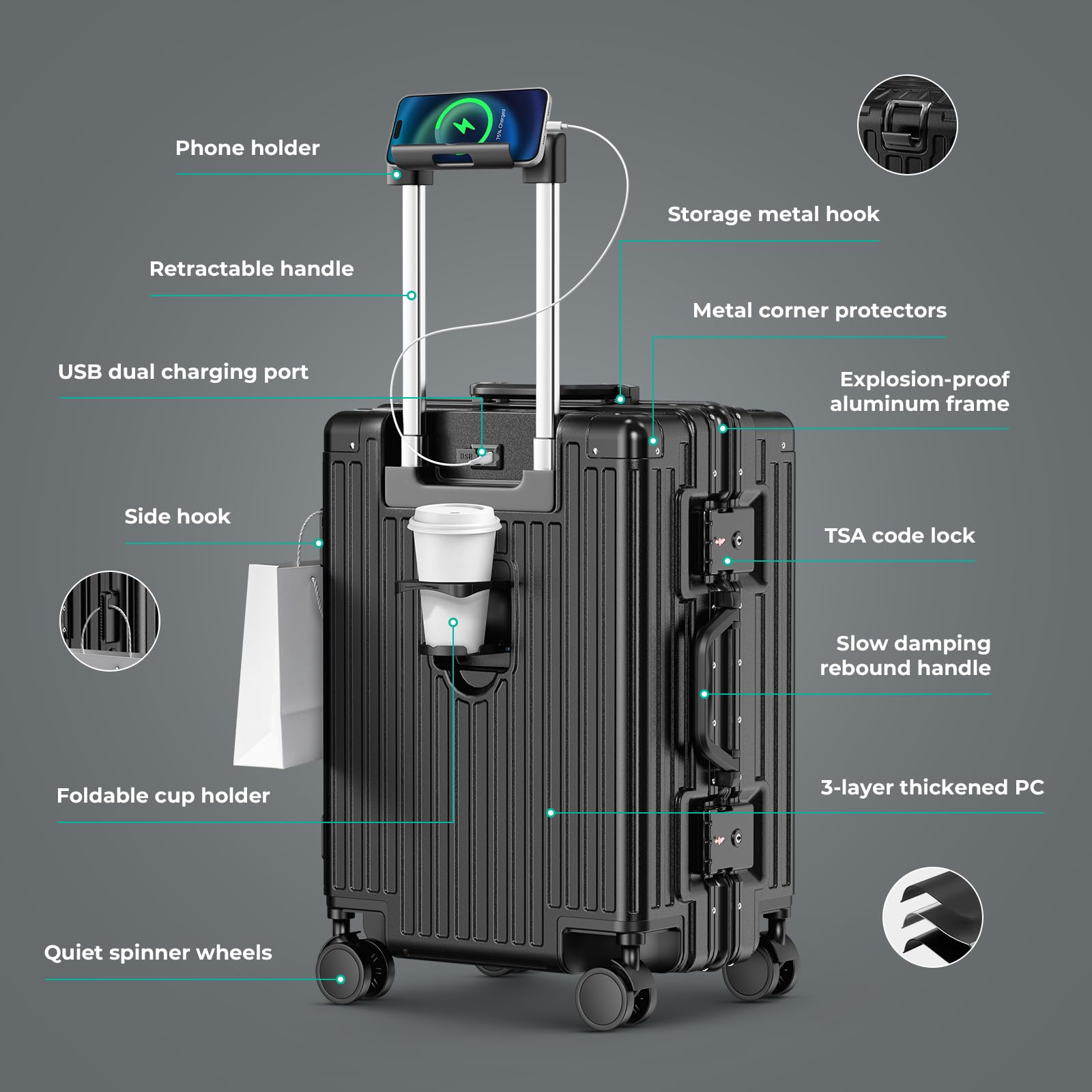 Equipaje de mano sin cremallera con portavasos y puertos USB duales, maleta rígida aprobada por aerolíneas, cerradura TSA, Negro, 24 Inch, Para llevar en casa