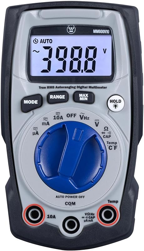 Westinghouse Multímetro digital de rango automático True RMS de 600 V, voltímetro CA/CC y corriente de 10 A, continuidad, frecuencia, temperatura, diodo, ohmios, resistencia, probador de condensadores