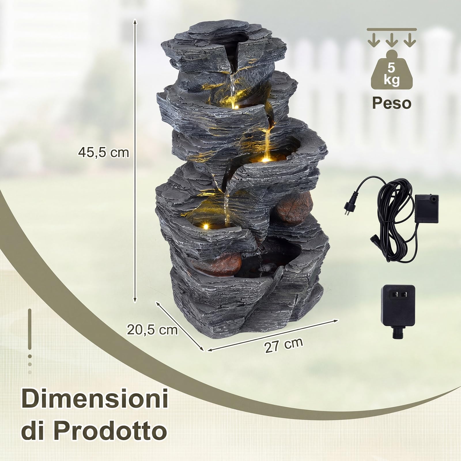 COSTWAY Fontana da Giardino, Fontanella Elettrica da Tavolo con Luci LED | Fontana Cascata in Resina a 5 Livelli con Flusso d'Acqua Regolabile e Pompa, da Interno ed Esterno per Terrazzo e Cortile