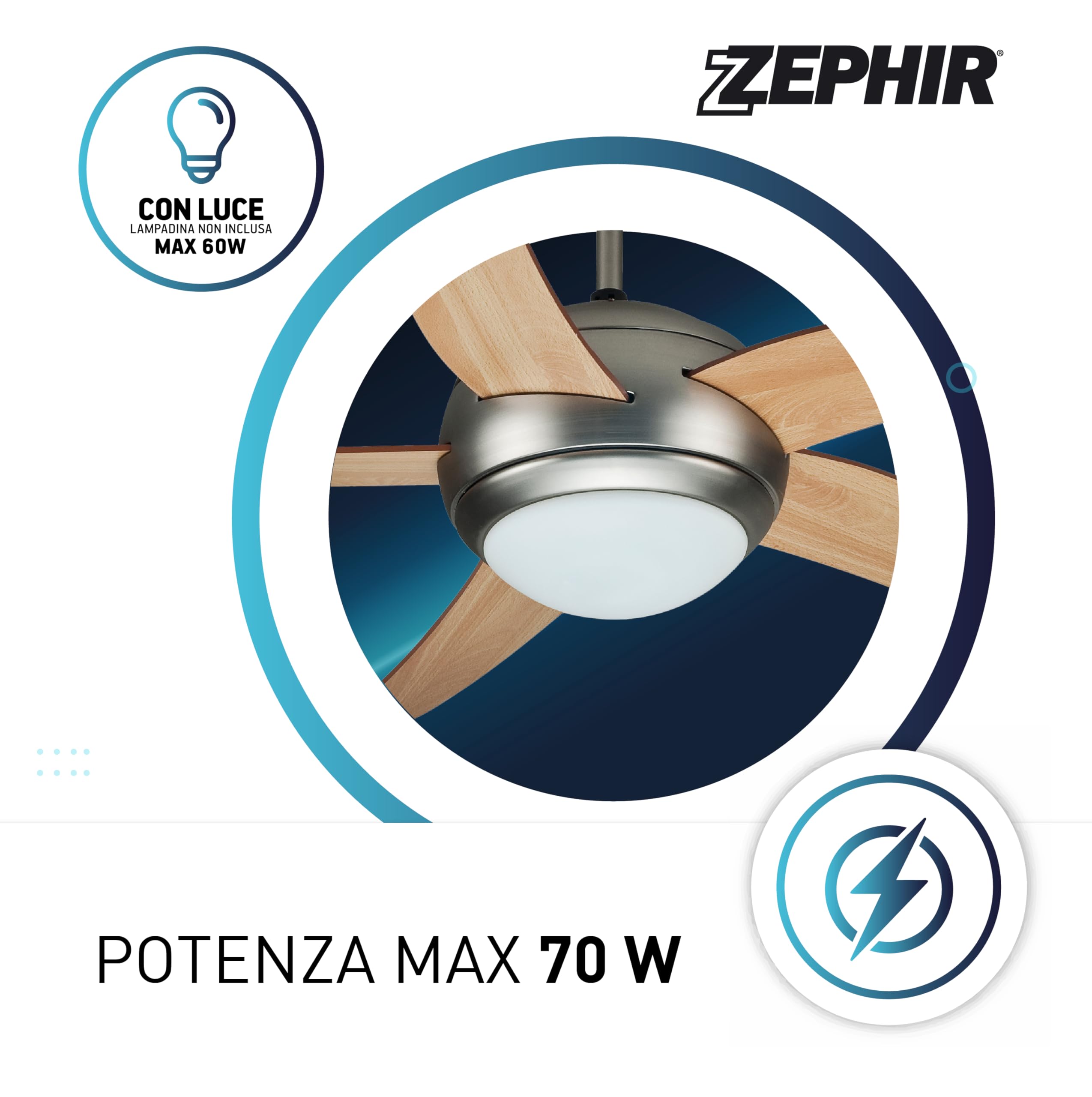 Zephir, Ventilatore da Soffitto, 5 Pale in Legno, Ventilatore con Luce, diametro 132 cm (Ricondizionato)