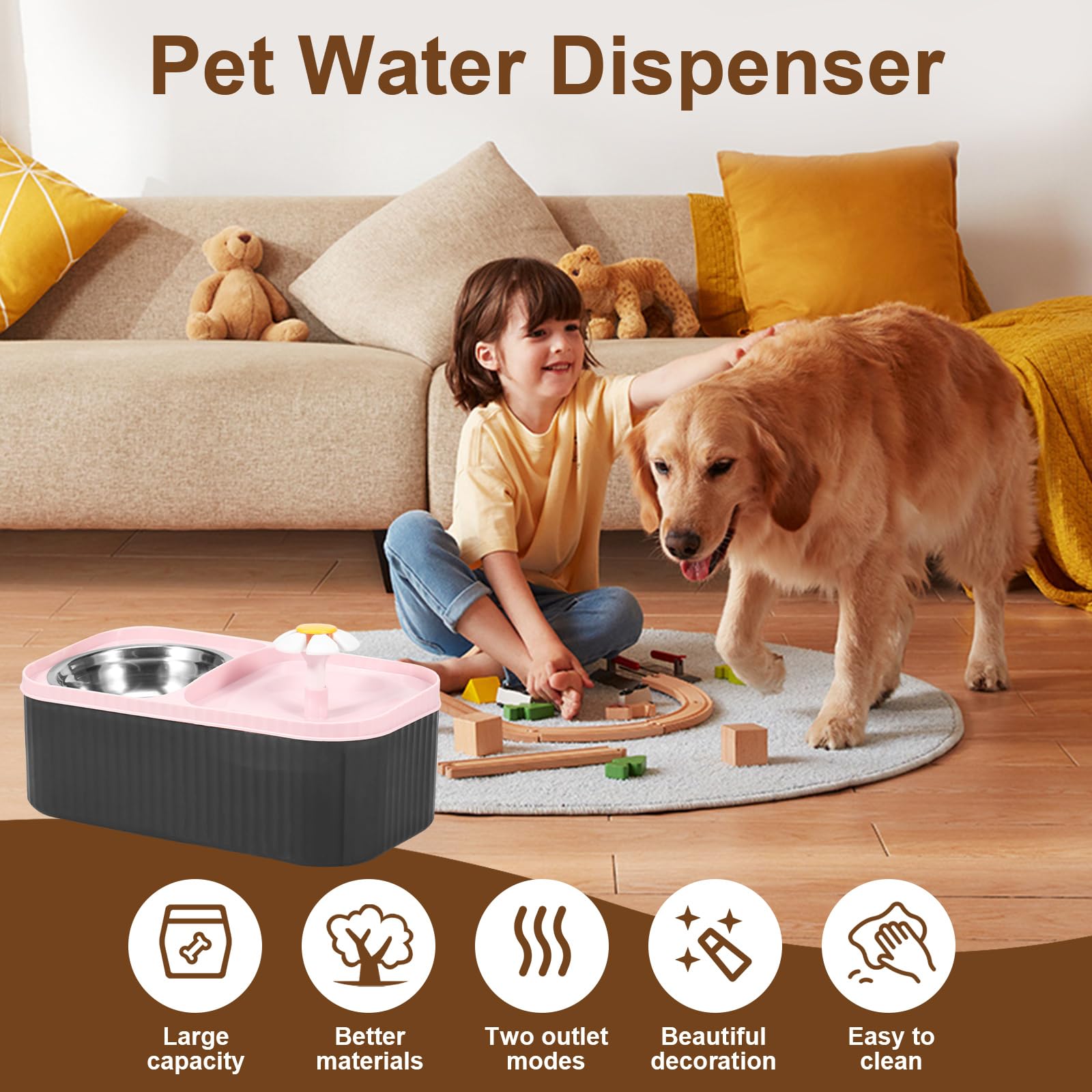 Cat Water Fountain and Food Bowl, 3L/101oz Ultra Quiet Automatic Pet Water Dispenser with Quadruple Filtration System, Stainless Steel Bowl & Smart Pump for Multiple Pets (Rose, 12.2*6.69*4.33 in) - image 3