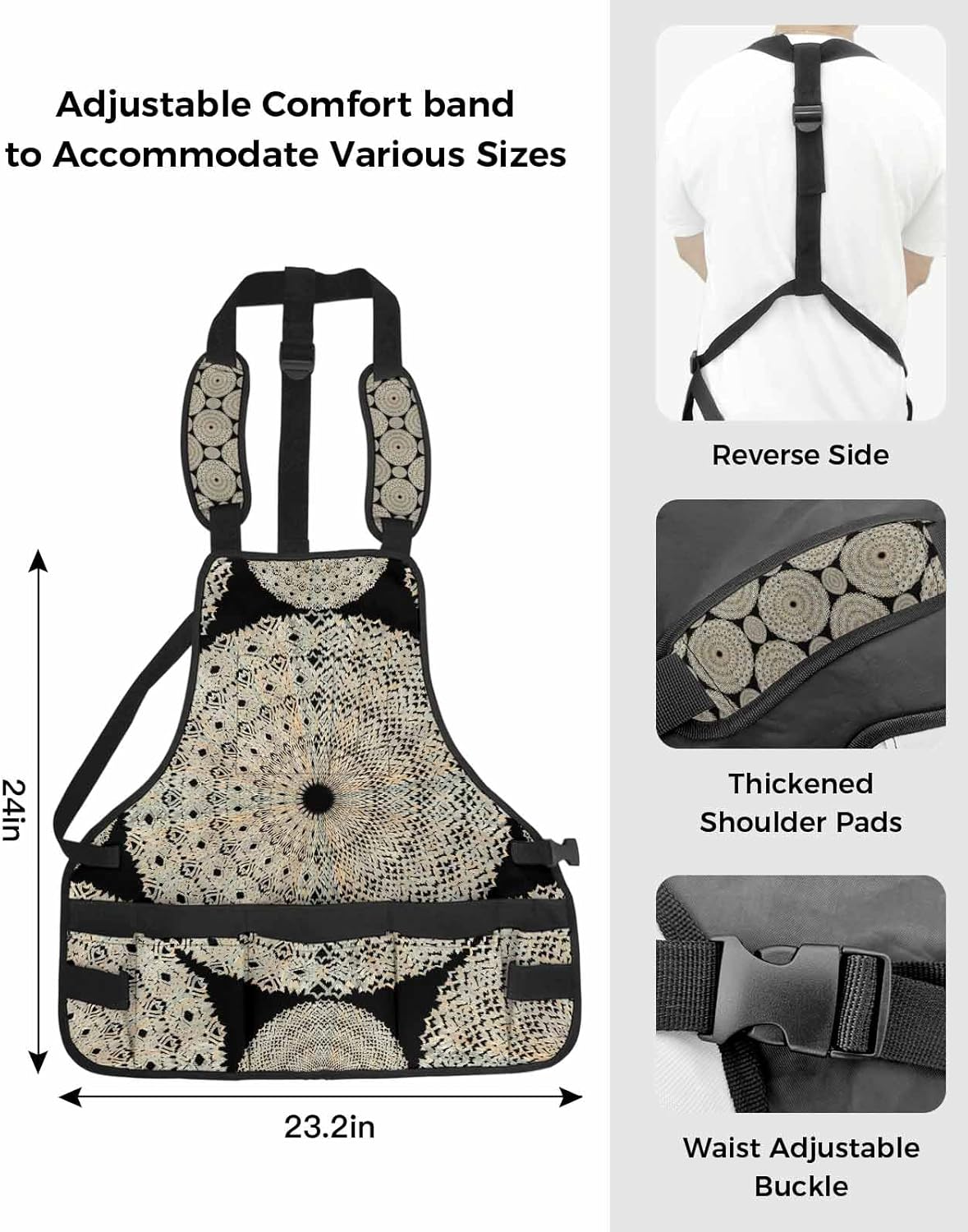 Work Apron for Men Adjustable Woodworking Apron with 16 Pockets Oxford Apron Boho Circle Line Texture Black Tool Apron