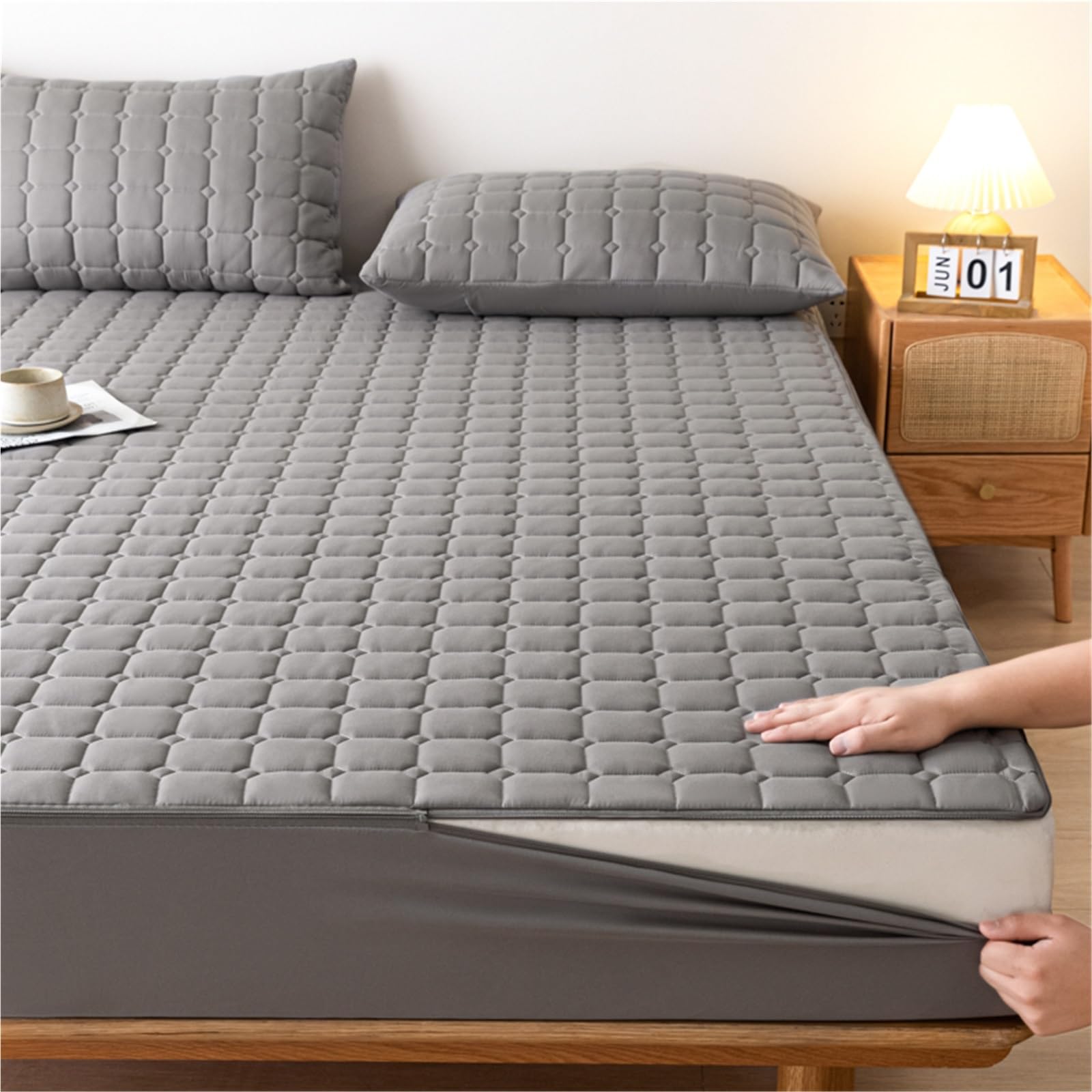 Funda Colchón Cremallera & Cubierta Desmontable, Tejido Transpirable Poliéster+Algodón Protector para Látex/Palma, Protección Integral(Gray,150x190+10cm)