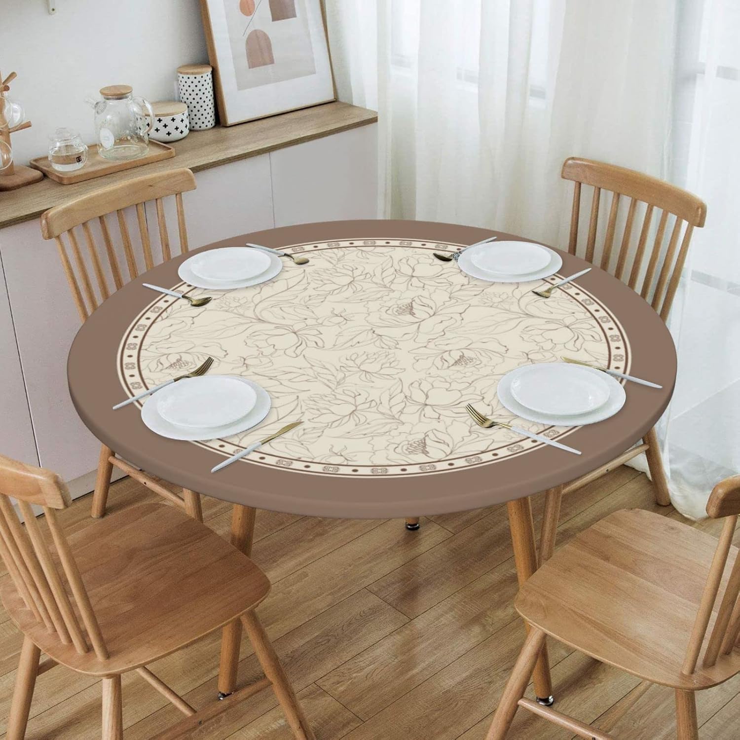 Vintage Flower Elastic Edged Round Fitted Table Cloth Cover, Waterproof Wrinkle Free