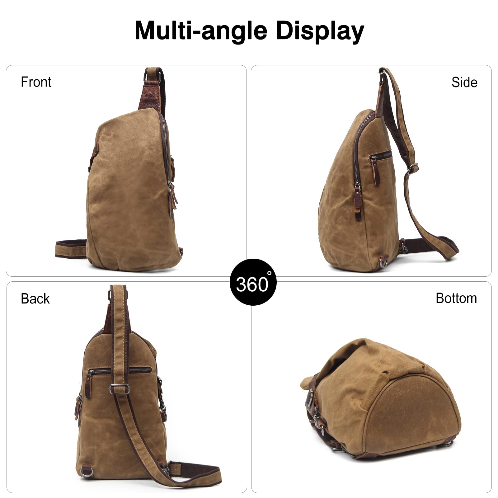 FANDARE Retrò Zaino Monospalla Tela Zaino Spalla Zaino Tracolla Uomo Borsa a tracolla Sling Bag Borsello a tracolla per Trekking Ciclismo Viaggio Piccolo Zainetto Cachi