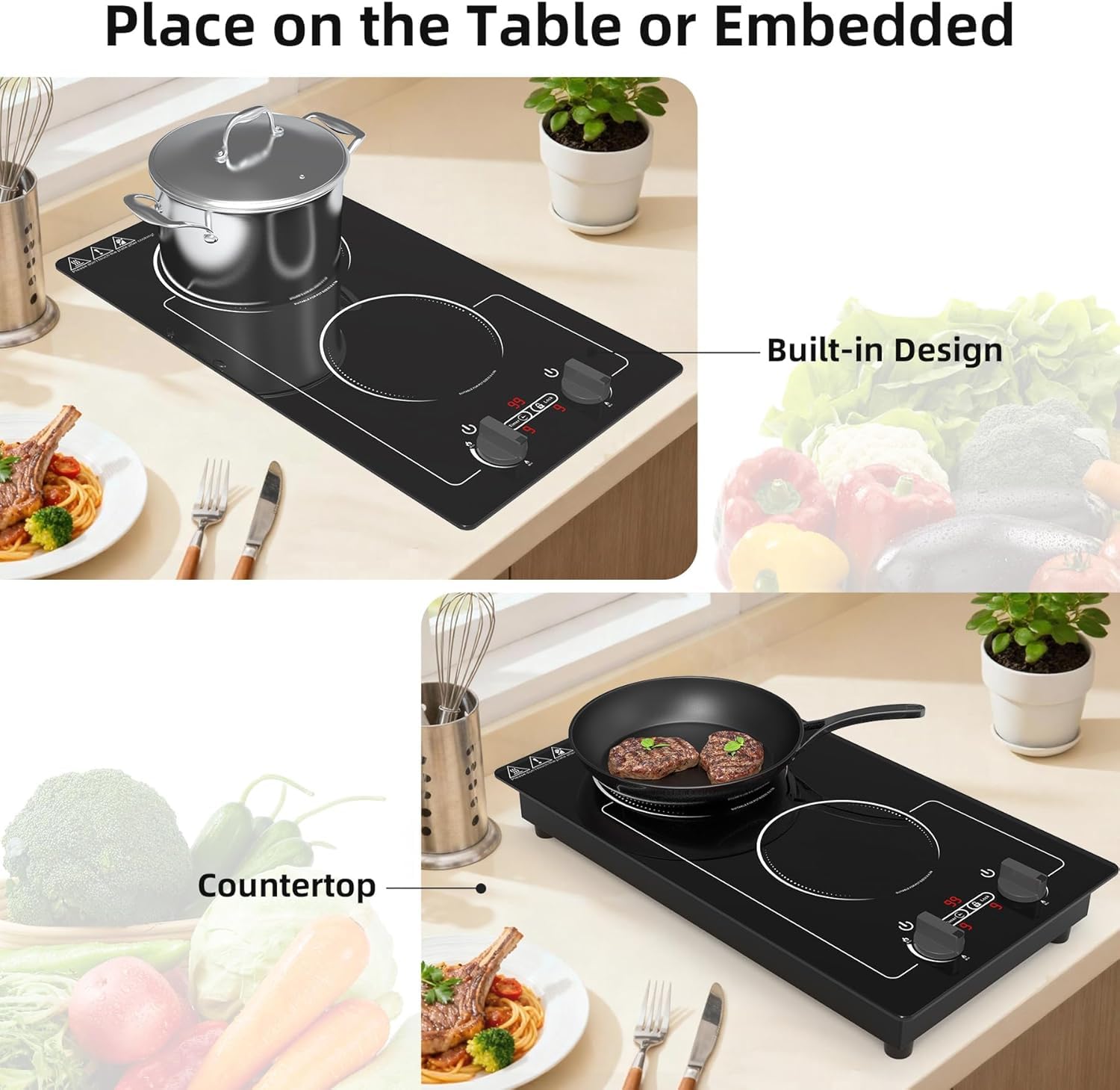 VBGK - 2 Brenner Induktionskochfeld, 110V 2300W Doppelbrenner-Heizplatte mit LED-Touch-Display, 9 Leistungsstufen, Kindersicherung und Timer, Schutz vor