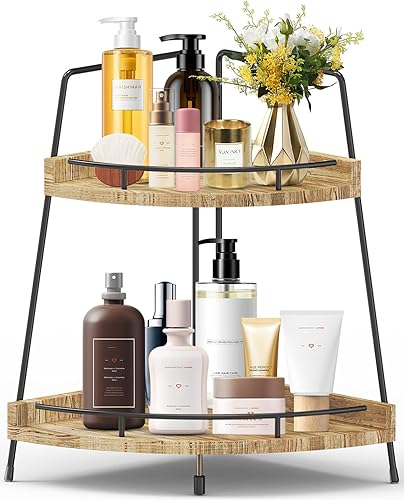 Ochine Organizador de encimera de baño de 2 niveles, organizador de baño de madera, estante de almacenamiento de esquina, organizador de estante de