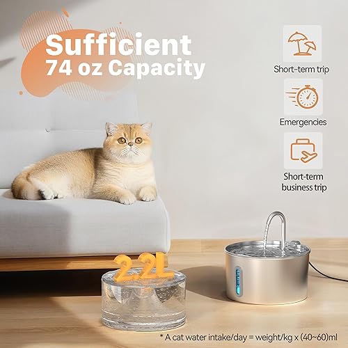 Miniatura 2 de Fuente de agua para gatos de acero inoxidable Fuente para gatos de 2,2 L para beber - Fuente de agua automática para mascotas para gatos en el