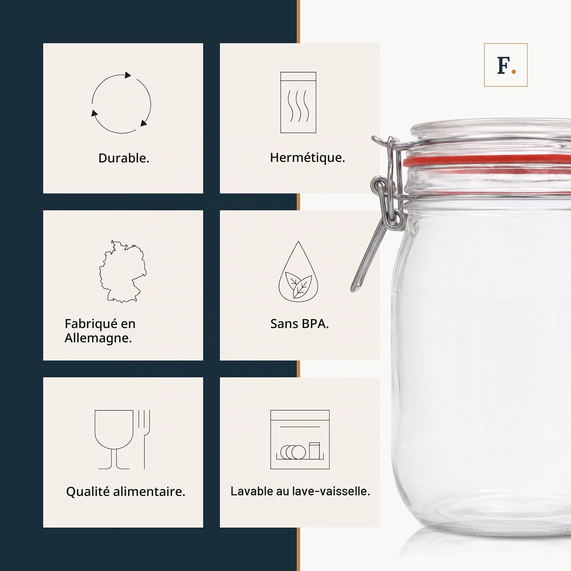 Flaschenbauer - Lot de 12 pots à étrier métallique de 1140 ml - Bocal à remplir - Convient comme bocal Mason et verre de fermentation - Pour le rangement - Fabriqué en Allemagne