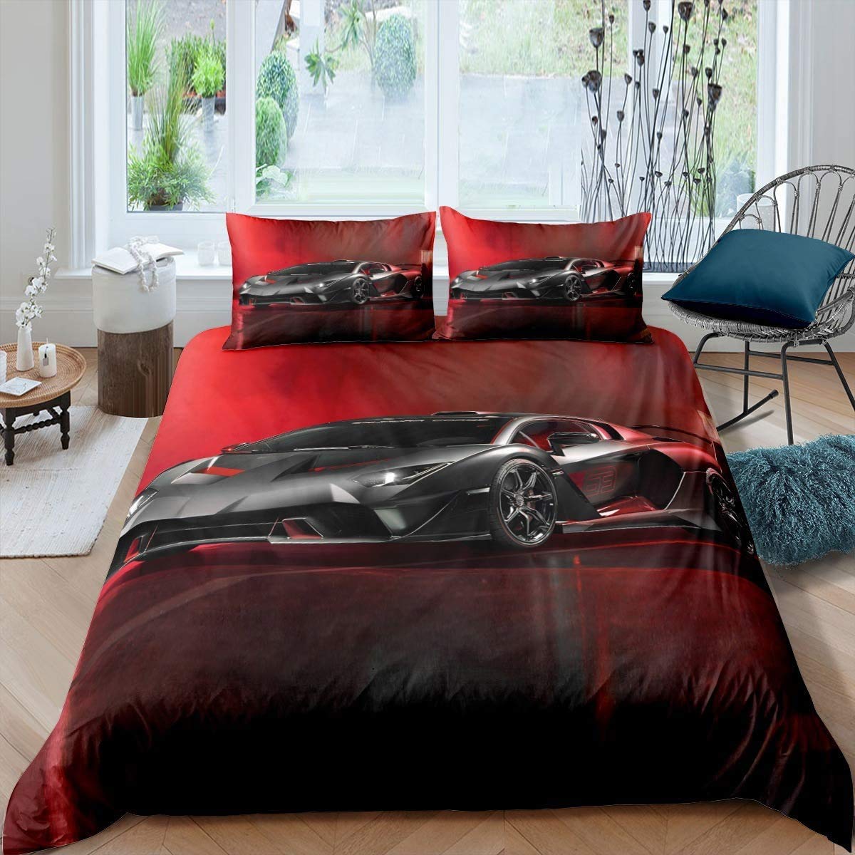 Race Car Duvet Cover for Kids Bedroom, Cool Speed Racing Car Comforter Cover Single Size, Black Automobile Red Quilt Cover for Boys Teens Youth Extreme Sport Bedding Set with Zipper โ image 1