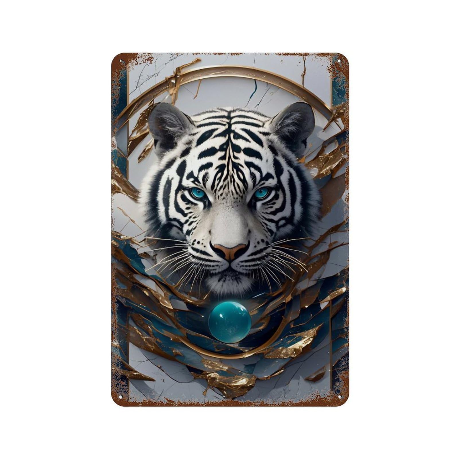 Rust Effect White Tiger with Blue Orb Portrait Rusty Metal Tin Sign 11.8"x7.9", Industrial Home Decor for Living Room, Hallway And Home Decor