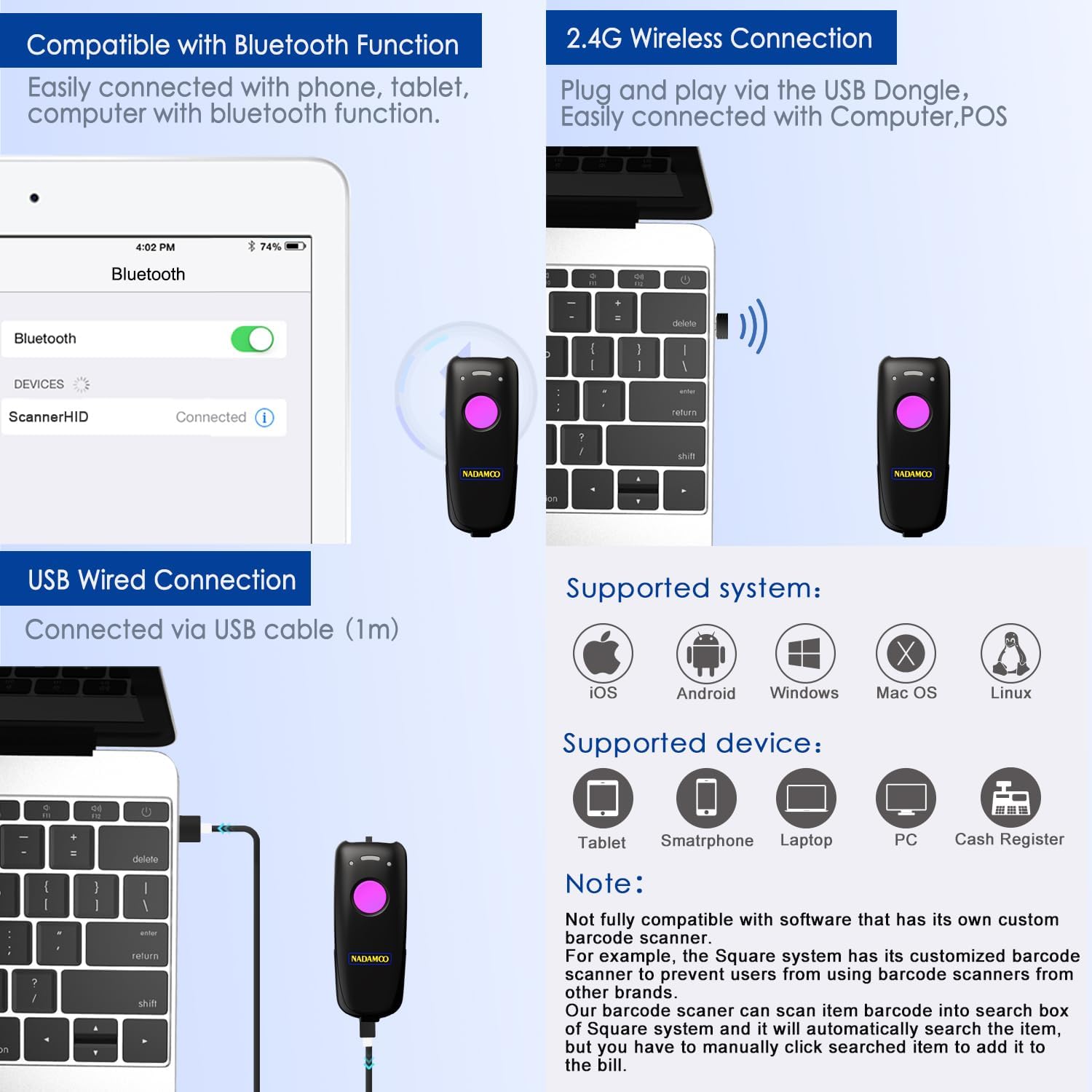NADAMOO Wireless Barcode Scanner Compatible with Bluetooth Function, 2.4G Wireless & Wired 3-in-1 Bar Code Scanner Portable USB CCD Reader, Work with Tablet iPhone iPad Android Windows Mac OS-Purple