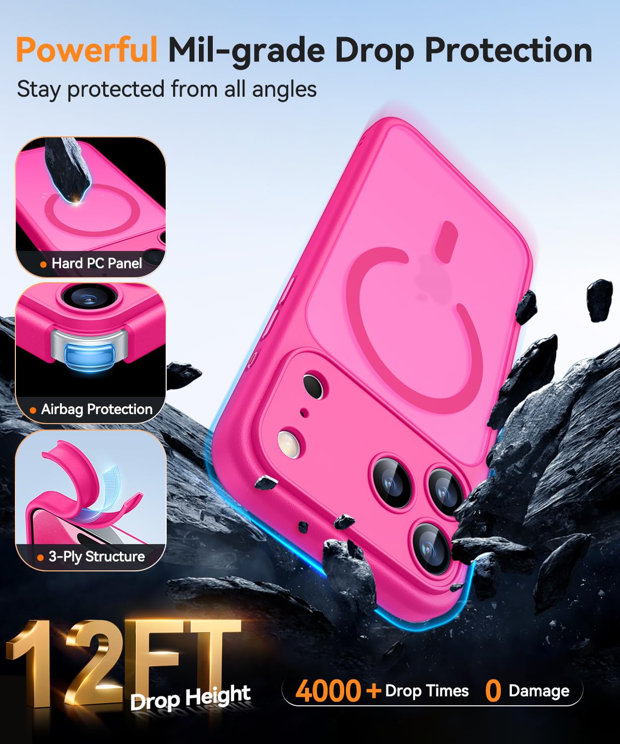 CANSHN Cover Magnetica per iPhone 17 Pro(6,3 Pollici), Compatibile con MagSafe, [Protezione Completa Della Fotocamera], Custodia Traslucida Opaca Protettiva Sottile Antiurto,Rosa Calda