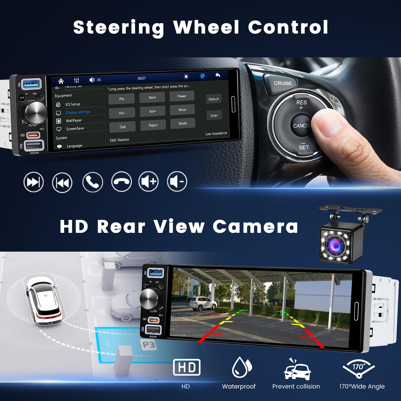 Hikity 6.5" 1 DIN CarPlay Radio Coche con Bluetooth FM RDS | Incell Pantalla Táctil Android Auto Cámara Trasera Mirror Link EQ Control del Volante USB AUX