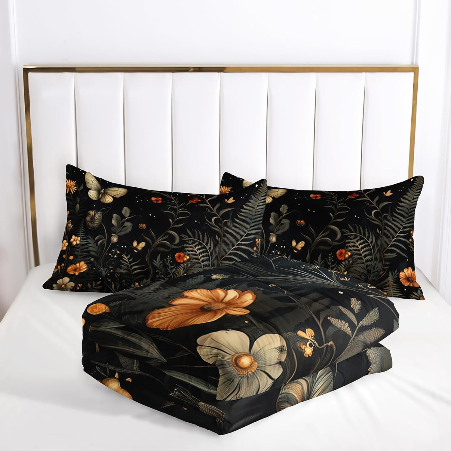 AILONEN Flower Comforter Set Full Size, Leaves Flowers Print Bedding Set for Girls Boys,Black Theme Duvet Set 3Pcs for Bedroom Decor,1 Quilt and 2 Pillowcases,Soft