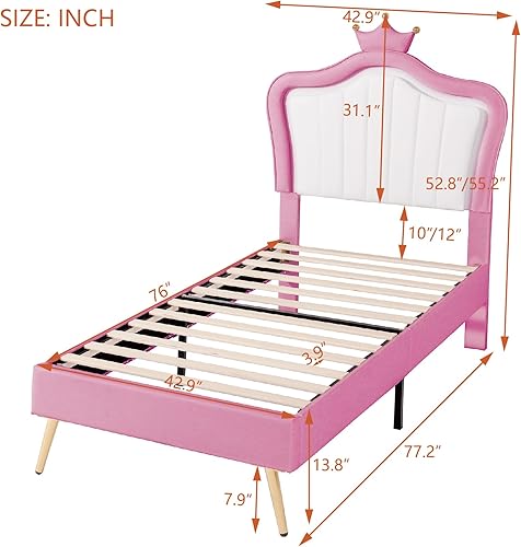 Miniatura 27 de Moderna base de cama de madera maciza de tamaño matrimonial para niños con cabecera en forma de corona, marco de cama tapizado de princesa con luces