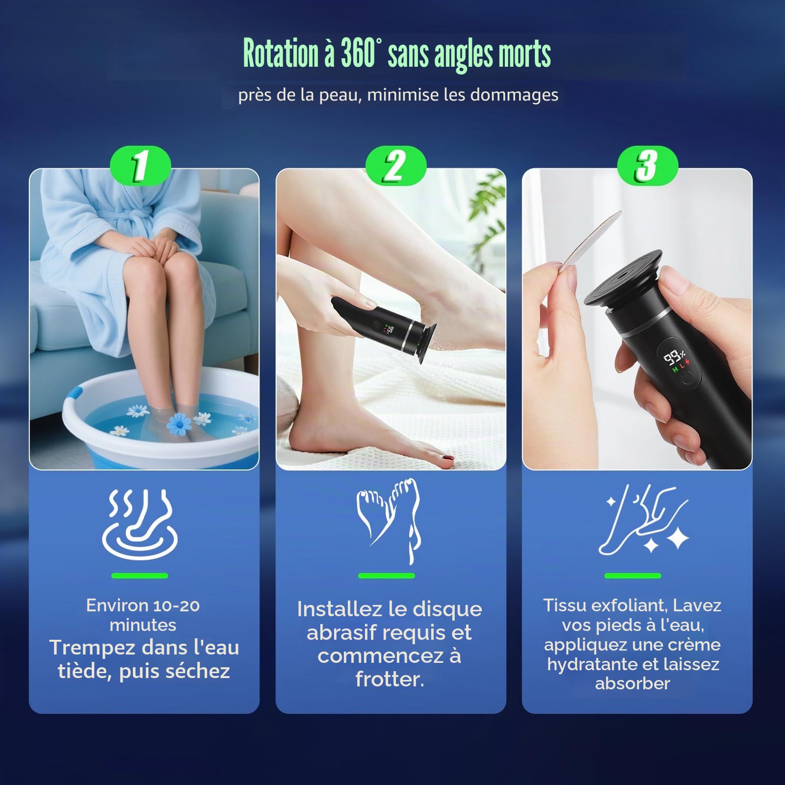 Râpe Électrique Pieds 3 en 1 honey glow, 60 Tampons, 1000 tr/min, Vitesse Réglable pour Callosités Peaux Mortes